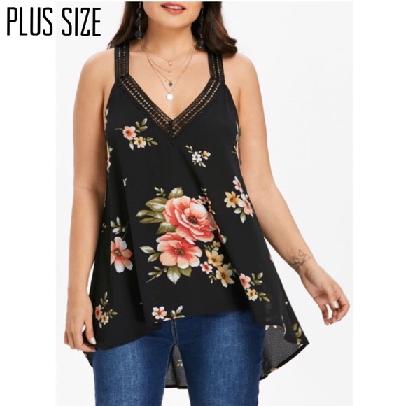 Tops - Plus Size Dip Hem Floral Tank Tops - Plus Size Dip Hem Floral Tank